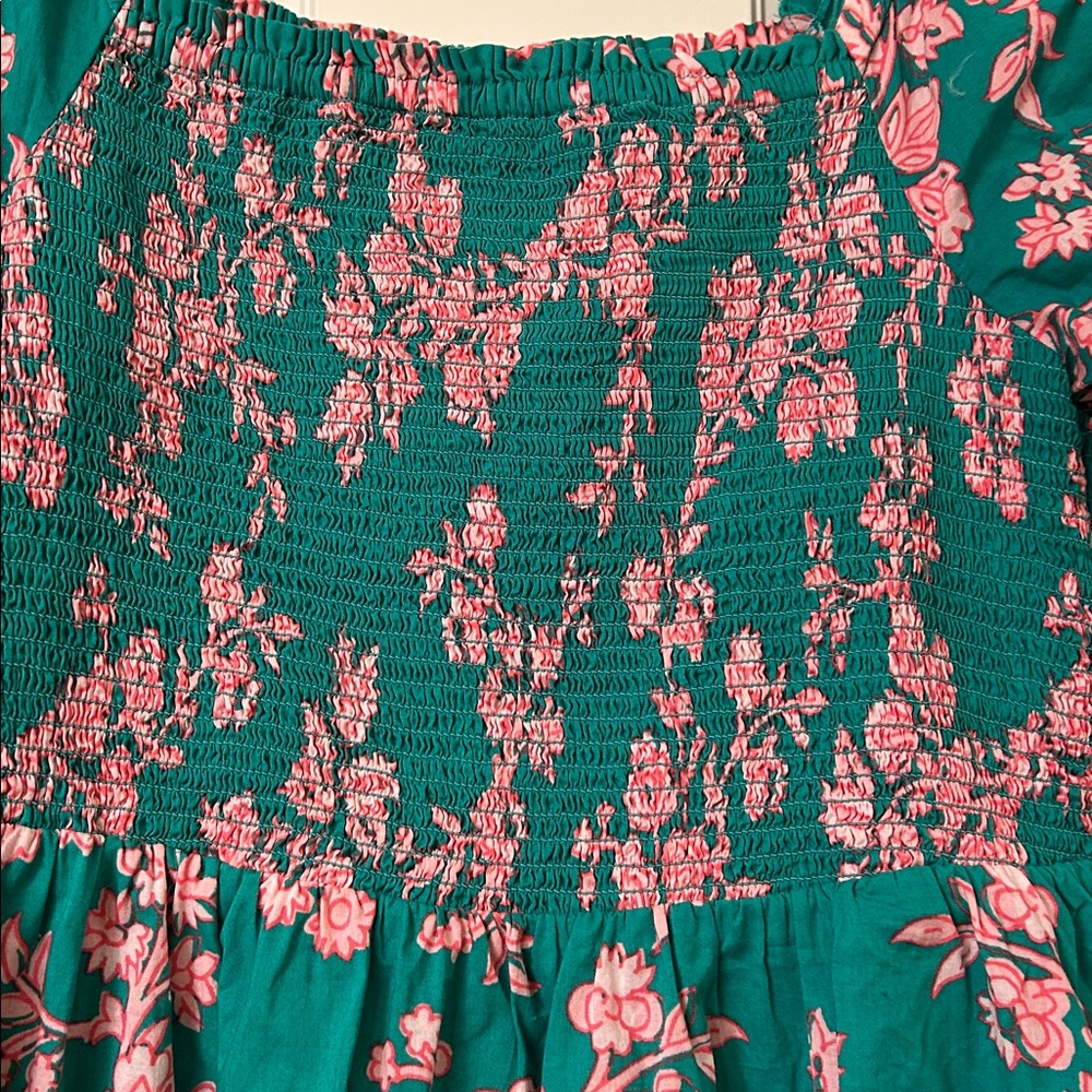 J. Crew Smocked Green and Pink Puff Short Sleeve Floral Dress NEW Sz S - Picture 3 of 7